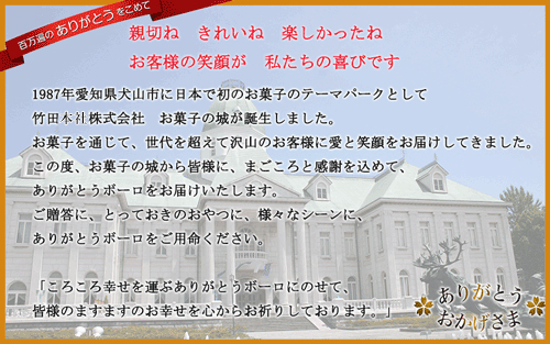 百万遍のありがとうをこめて
親切ね　きれいね　楽しかったね
お客様の笑顔が　私たちの喜びです
1987年愛知県犬山市に日本で初のお菓子のテーマパークとして
竹田本社株式会社　お菓子の城が誕生しました。
お菓子を通じて、世代を超えて沢山のお客様に愛と笑顔をお届けしてきました。
この度、お菓子の城から皆様に、まごころと感謝を込めて、ありがとうボーロをお届けいたします。
ご贈答に、とっておきのおやつに、様々なシーンに、ありがとうボーロをご用命ください。